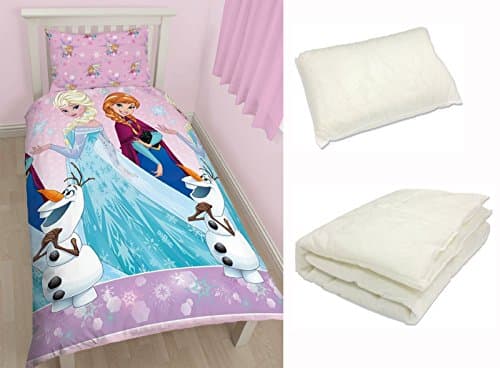 4 in 1 Childrens Bed Bundle For Junior Toddler Cot Single Duvet Bed Set Kids Bedding Set inc Quilt &amp; Pillow (Elsa and Anna - Frozen, Single)