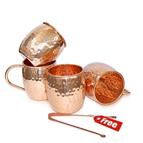 Rudra ® Moscow Mule Solid Copper Mug 18 oz/532 ML - Set of 4, - 100% Pure Copper Hammered Best Quality Lacquered Finish, Moscow Mule Cocktail Cup, Copper Mugs, Cocktail Mugs WITH FREE COPPER TOUNGE CLEANER
