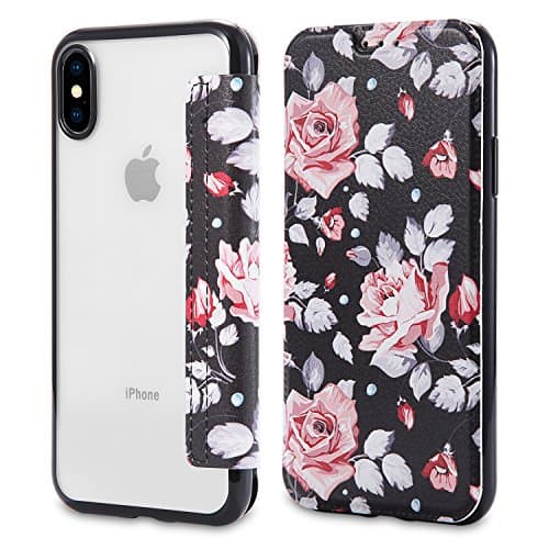 iPhone X Case,iPhone 10 Case,Snewill Slim PU Leather Folio Flip Wallet Case with Card Slot & Clear Soft TPU Back Cover for Apple iPhone X/10-Rose Flower