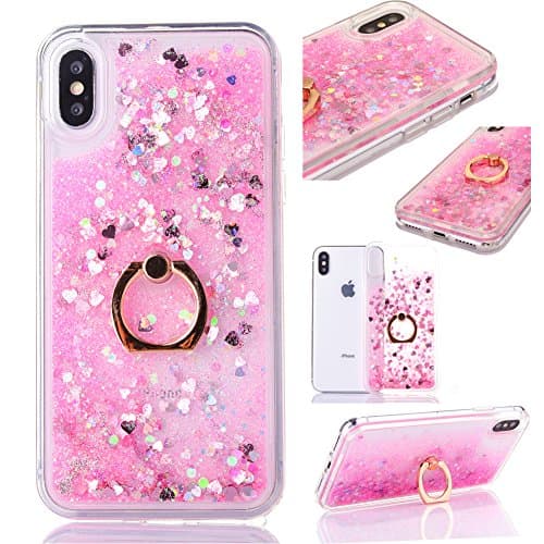 iPhone X Glitter Case,Crystal Clear Ultra Thin TPU Floating Sparkle Hearts Stars Liquid Bling Glitter Case for iPhone X,Cover for iPhone X with 5.8 inch Screen,3D Creative Funny Cute Liquid Flowing Floating Sparkle Bling Glitter Diamond Durable Rubber Silicone Back Case Cover Shell Drop Protection with Ring Holder Stand for Apple iPhone X