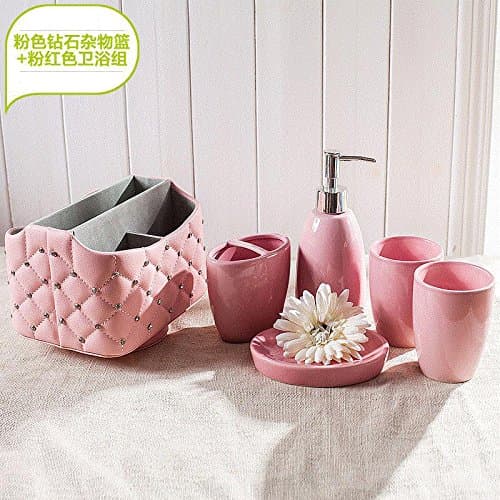 Modern Design 5Piece Ceramic Bathroom Accessory Set , Soap Dish, Tooth Brush Holder, Soap Dispenser,G Pink + Pink Sundries Blue