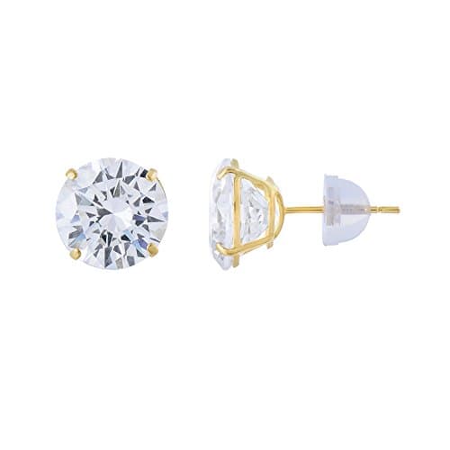 14kt Solid Yellow Gold Super Bright Clear Cz Basket Setting Round Pushback Stud Earrings (7mm)