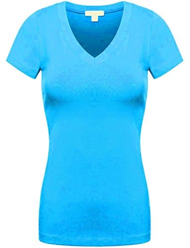 {DOWEBPIC} WOMEN'S SUPER SOFT THIN COOL SEXY BASIC ACTIVE CAME STRETCHED SHORT SLEEVE V-NECK T-SHIRT (SMALL, SKY BLUE)