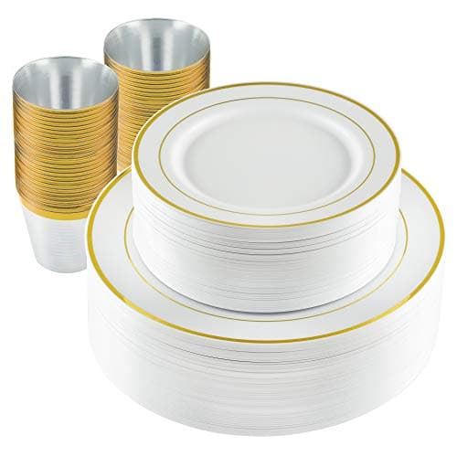 150 Pc Elegant Gold Rim Plastic Dinnerware Set | Bundle of 10.25" Plates + 7.5" Plates + 9oz Cups | High-End Disposable Party Supplies for Weddings, Housewarming, Graduation & Parties