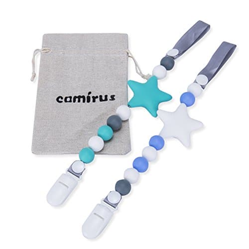 Teether Pacifier Clip, 2 Pack Silicone Pacifier Holder, Unisex Star BPA Free Pacifier Leash Teething Toy with Storage Bag for Boys and Girls Gift Set