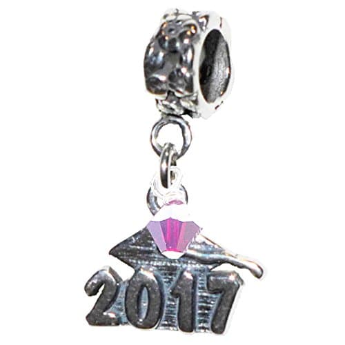 Graduation Cap 2017 July Ruby Birthstone Sterling Silver Dangle Charm