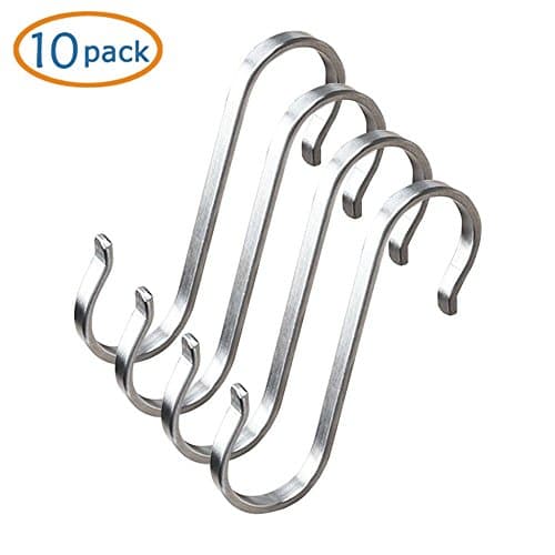 Anti-Falling Design Flat S Shaped Hooks Kitchen Pot Pan Hanger Clothes Holder Brushed Stainless Steel Metal Pack of 10 - (L)