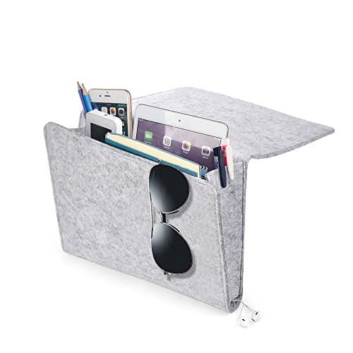 Bedside Caddy, YUEMI Bed Caddy Organizer with 1 Large and 2 Small Pockets for Remote Tablet Phone Bedside Gadget Book Magazine Storage Holder (Light Grey)