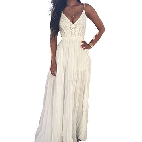 eReeder Women's Sexy Chiffon V Neck Backless Lace Patchwork Spaghetti Strap Maxi Dress,medium,white