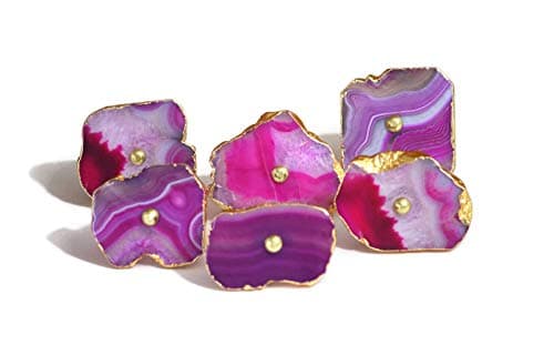 Pink Agate Stone knobs for Cabinet Doors and Drawers (8, Golden Electroplated Borders)