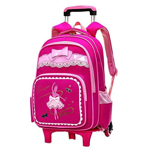 Bow-knot Dancing Girl Waterproof Elementary Trolley Rolling School Backpack Book Bag for Primary Girls Wheeled Backpack Carry On Luggage with Six Wheels