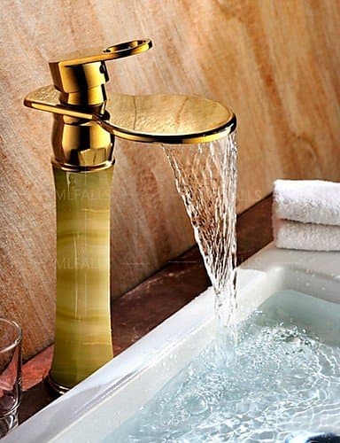 CU@EY Waterfall White Marble Stone Jade Solid Brass Copper Gold Bathroom Vanity Basin Lavatory Sink Vessel Mixer Tap Faucet