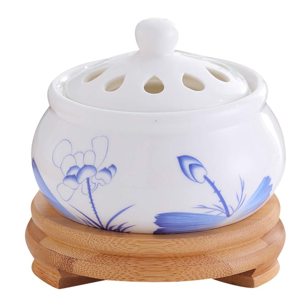 Ceramic Bamboo Base Electronic Incense Burner -Timing Temperature Control - Home Office Agarwood Aroma Essential Oil Electric Heating Aromatherapy Stove