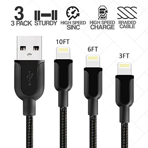 Klaz USB iPhone Cables Compatible (3-Pack) Fast Charging and Data Syncing Cords | 3Ft, 6Ft, 10Ft | Nylon Braided, Kink & Tangle Free | iPhones,iPads iOS Devices (Black)