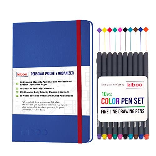 KIBOO Personalized Leather Journal Notebook 2017-2018 - Professional & Personal Success A5/ 5.8" x 8.3" Blue, Undated Daily Planner Agenda - Smart Academic Weekly & Monthly Goal Organizer Calendar