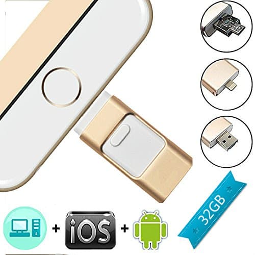 Flash Drive with USB, Micr USB, Lighting(3 in 1) connector OTG for iPhone iPad IOS Andriod PC(32GB)-Gold