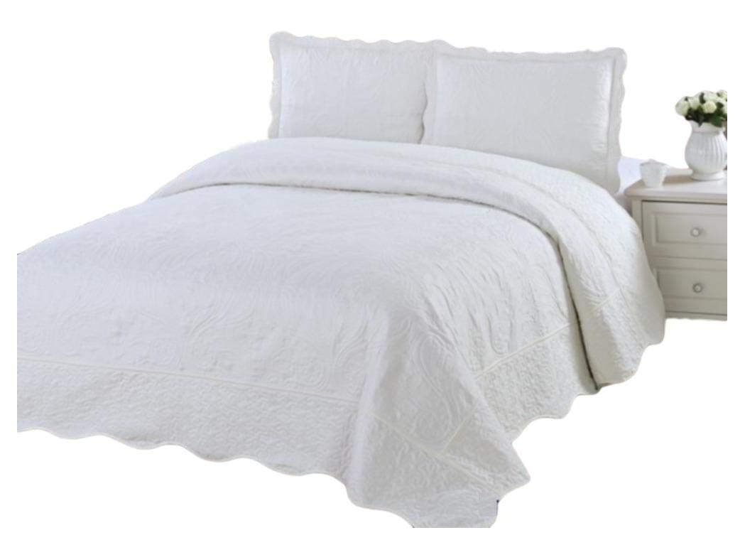 Quilt Queen Size 3 pc Embroidered Bed Set / Bedspread / 2 Pillow Sham (Ivory)