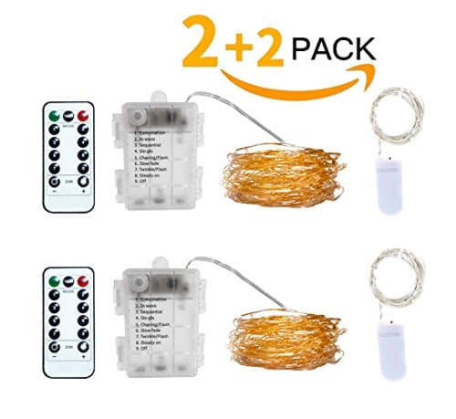 Battery Operated LED Starry String Lights Copper Wire 16.5ft 50 LED with Wireless Handheld Remote Control and 2 Sets of 6.6ft Silver Wire Mini Button Battery Lights (Warm White, 2+2 Pack)