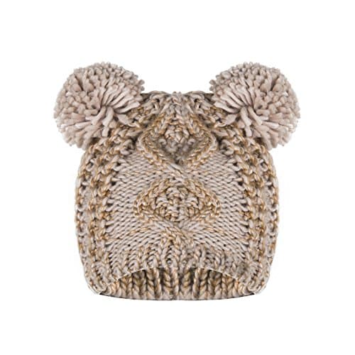 Puli Women's Winter Chunky Knit Silver Thread Double Pom Pom Beanie Hat