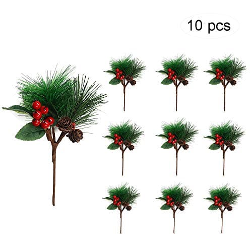 EchoDone 10pcs Small Artificial Pine Picks Pinecone Red Berries Branches for Christmas Flower Arrangements Wreaths and Holiday Decorations