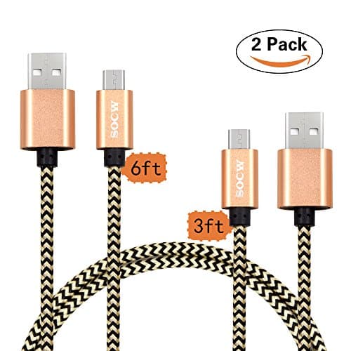 SOCW USB Cable, 2 Pack(3.3ft+6.6ft) Braided Micro USB Cable/Samsung Charging Cable - Android Charging Cable for Galaxy S7/S6, Sony, Motorola, HTC and More - Gold