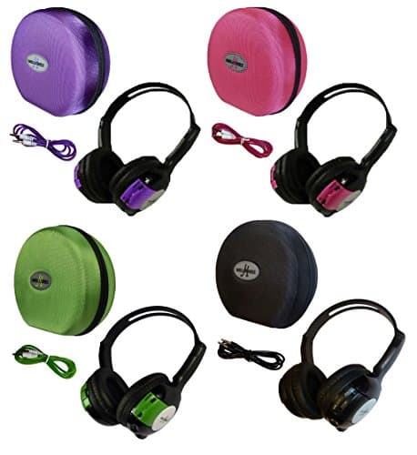 4 Pack Kid Sized Wireless Infrared Universal Car DVD IR Automotive Colored Adjustable 2 Channel Headphones With Case and 3.5mm Auxiliary Cord