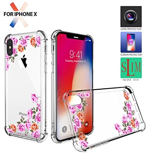 iPhone X Case,iPhone X Clear Case,iPhone X Protection Case,iPhone X Case Crystal Clear Slim Case Drop Protective Cover [Support Wireless Charging] for Apple iPhone X/10 Rose Flowers