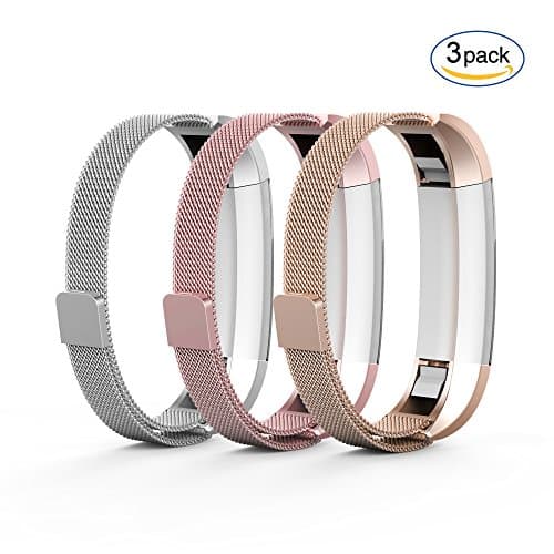 Tecson Fitbit Alta &amp; Fitbit Alta HR Bands (3-Pack), Stainless Steel Milanese Loop Replacement Bracelet Strap with Magnet Lock for Fitbit Alta HR (Pink &amp; Champagne &amp; Silver)