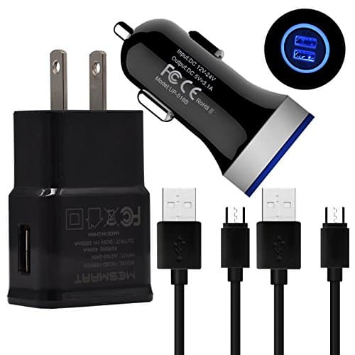 MESMART Safety Certified Charger Kit Bundle 1x 2A AC Wall Power Adapter+1x Dual USB LED Light Car Charger+2x Standard Micro USB v2.0 Charging Cable Cord for Samsung Galaxy S7 S6 Edge Plus (Black)