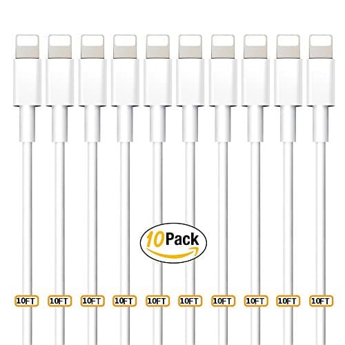 Lightning Cables, Wansong 10ft long (3M) (10 Pack) USB Charge and Sync Charging Cable Cord for iPhone X/ 8/ 7/ 7plus/ 6/ 6s/ 6 plus/ 6s plus/ SE/ 5c/ 5s/ 5, iPad Air/Mini, iPod Nano/Touch - White