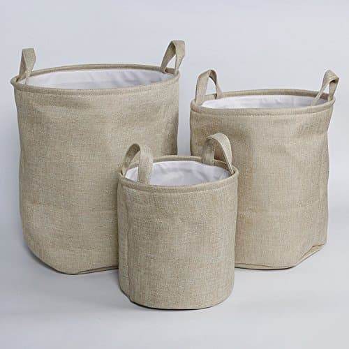 MUZUO Solid Foldable Cotton and Linen Laundry Hamper Baskets 3 pack-1 large, 1 medium,1 small， Druable Storage Basket for Toys, Clothes, Snacks, Light Coffee