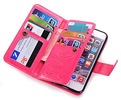 For iPhone 6/6s Plus Case, LIBERWILL Luxury PU Leather Detachable Wallet Folio Flip Case Cover With Credit Card Slots Holder and Strap for iPhone 6/6s Plus 5.5 Inch (Hot Pink) (Rose)