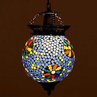 Handcrafted Flower Design Mosaic Blue Colour Glass Hanging Lamp