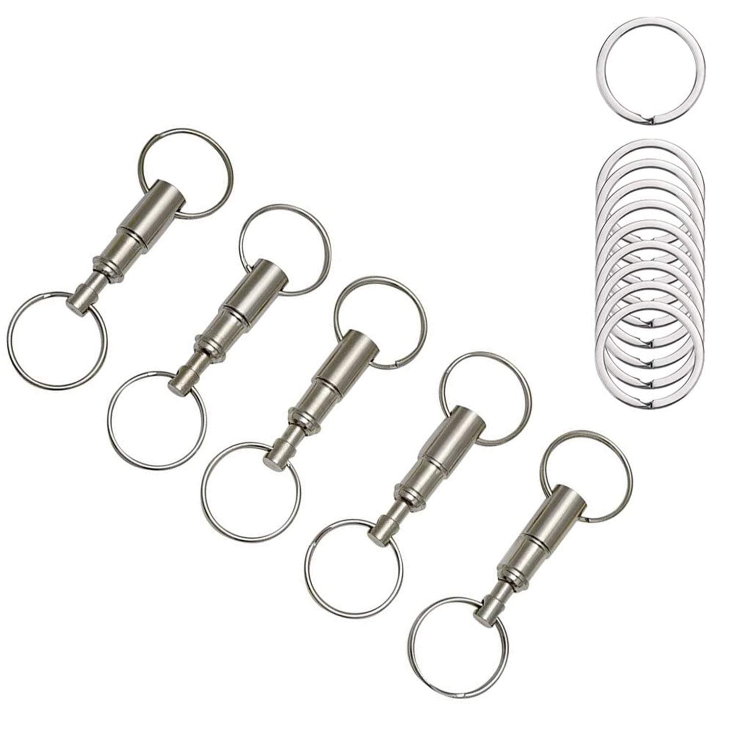 Quick Release Detachable Keychains Heavy Duty Outdoor Dual Spring Split Snap Seperate Pull-Apart Silver Key Ring Key Accessory Lock Holder with 2 Split Rings 10 PCS Ring(1.25 inch) as Gifts (Silver)