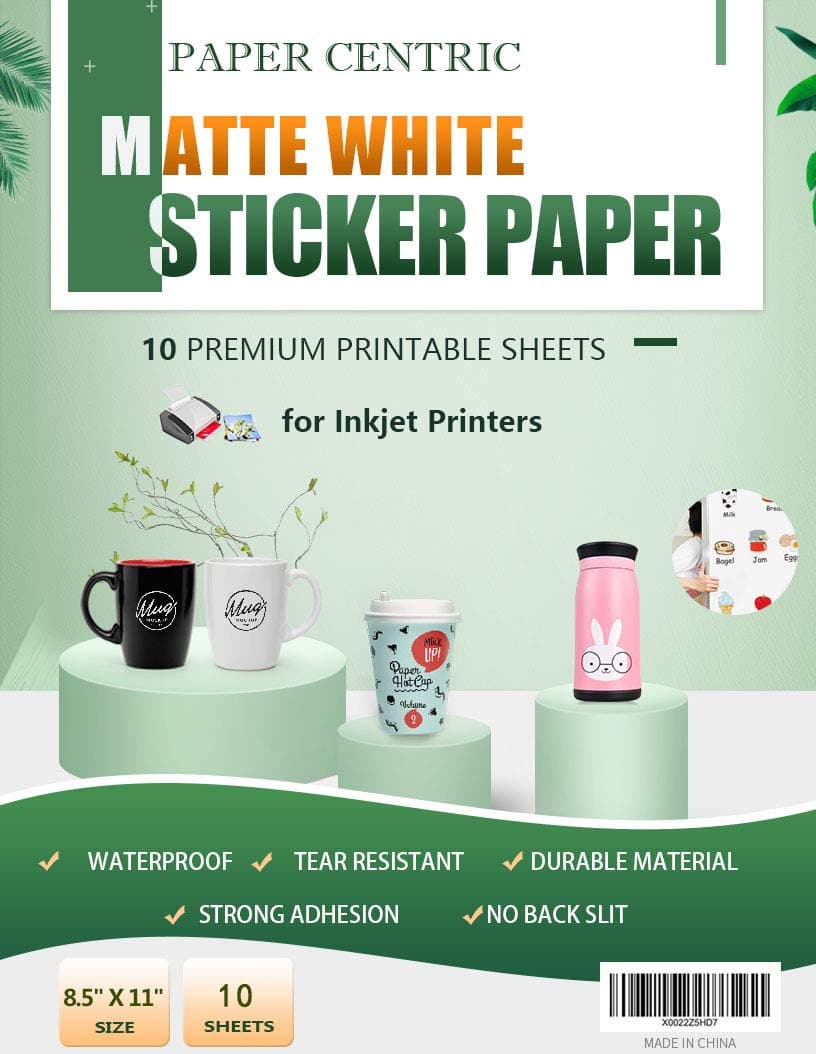 Paper Centric, Matte White Sticker Paper - Waterproof - 10 Sheets Printable Vinyl- for Inkjet Printers
