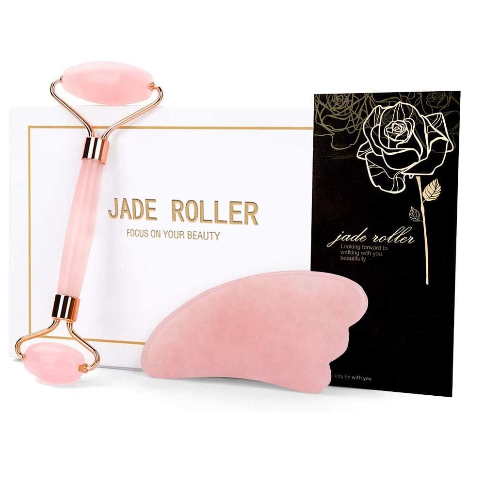 Jade Roller & Gua Sha Tools Set,Beauty Roller Skin Care Tools, 100% Real Natural Jade Roller for Face, Eye, Neck, Body Muscle Relaxing and Relieve Fine Lines and Wrinkles