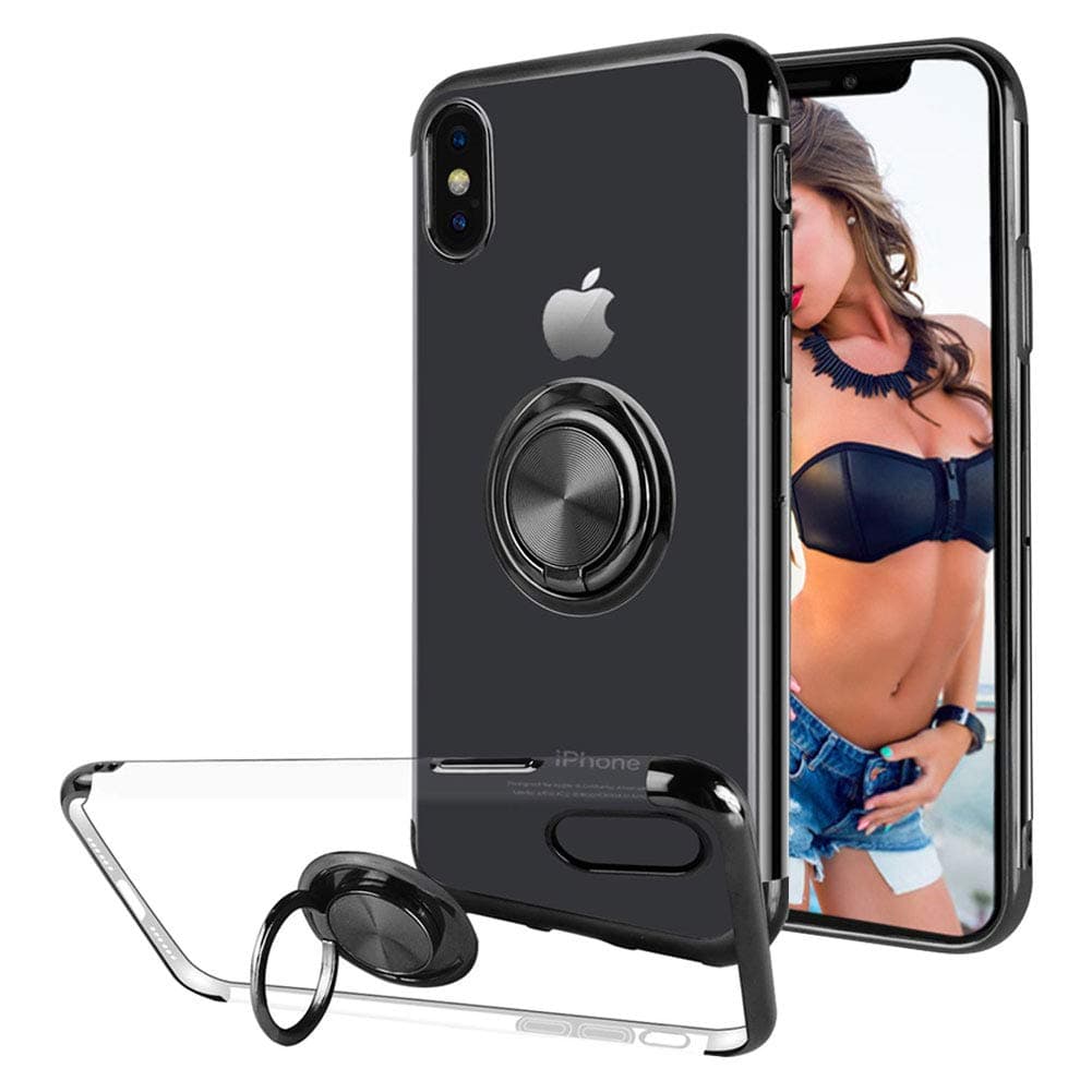 Case for iPhone XR Case Thin Clear Silicone Cover with Stand Magnetic Ring Holder 6.1 inch-Black