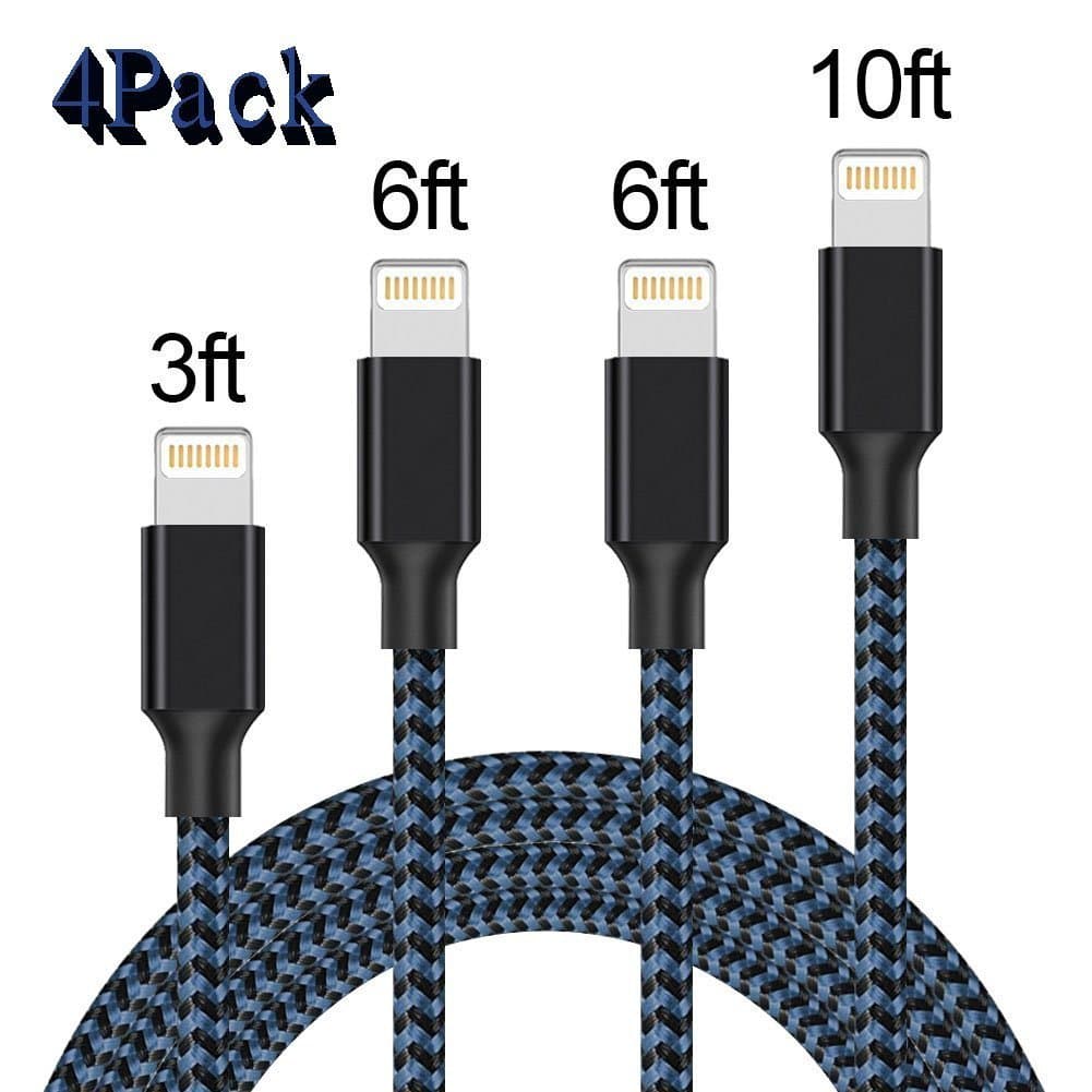 FULMUL Lightning Cable, Charger Cables 4Pack 3FT 6FT 6FT 10FT to USB Syncing and Charging Cable Data Nylon Braided Cord Charger for Phone 7/7 Plus/6/6 Plus/6s/6s Plus/5/5s/5c/SE&iPad series(BLUE)