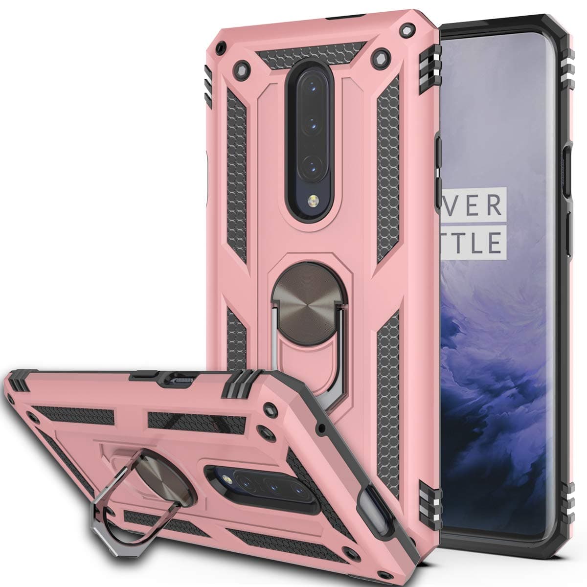 OnePlus 7 Pro Case KaiMai 360 Degree Rotating Ring & Bracket Dual Layers of Shockproof TPU and Solid PC Phone Case for OnePlus 7 Pro-Rose Gold