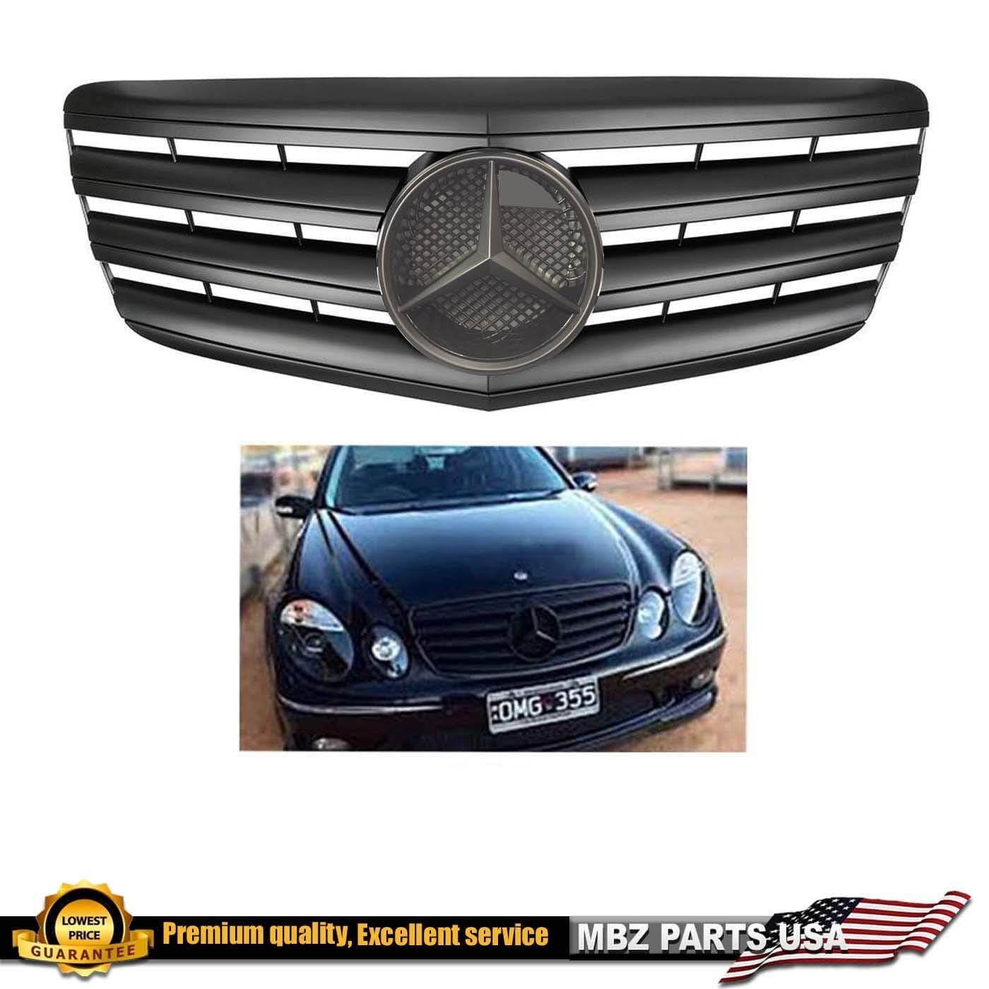 E Class Matte Black Flat Grille W211 E300 E320 E350 E550 E280 E500 E63 with Black Star Emblem 2007 2008 2009