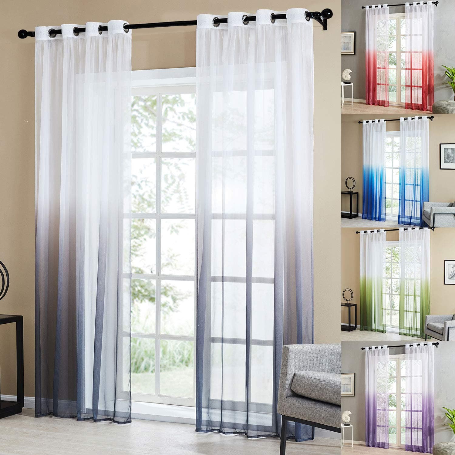 Topfinel Gradient Voile Curtain Solid Ombre Eyelet Net Window Panel 54 Inch Wide X 89 Inch Drop,Grey,Two Panels