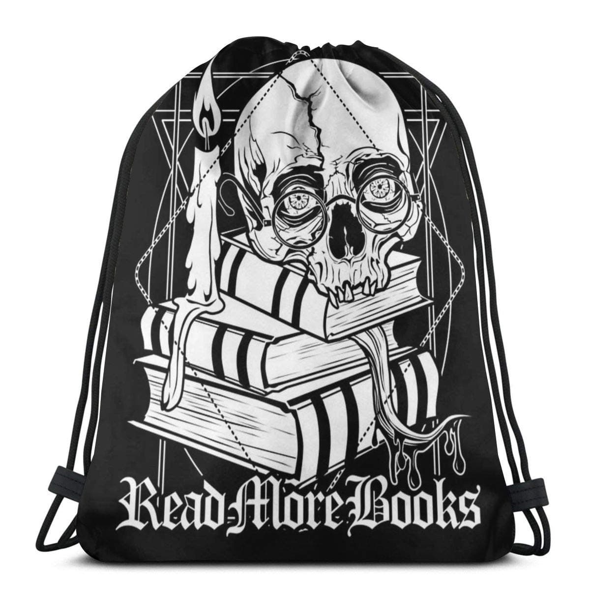Drawstring Backpack String Bag Read More Books Wearing Glasses Skull Tote Bag Sling Bag Sports Bag Suitable For School Gym Trip Yoga Shopping