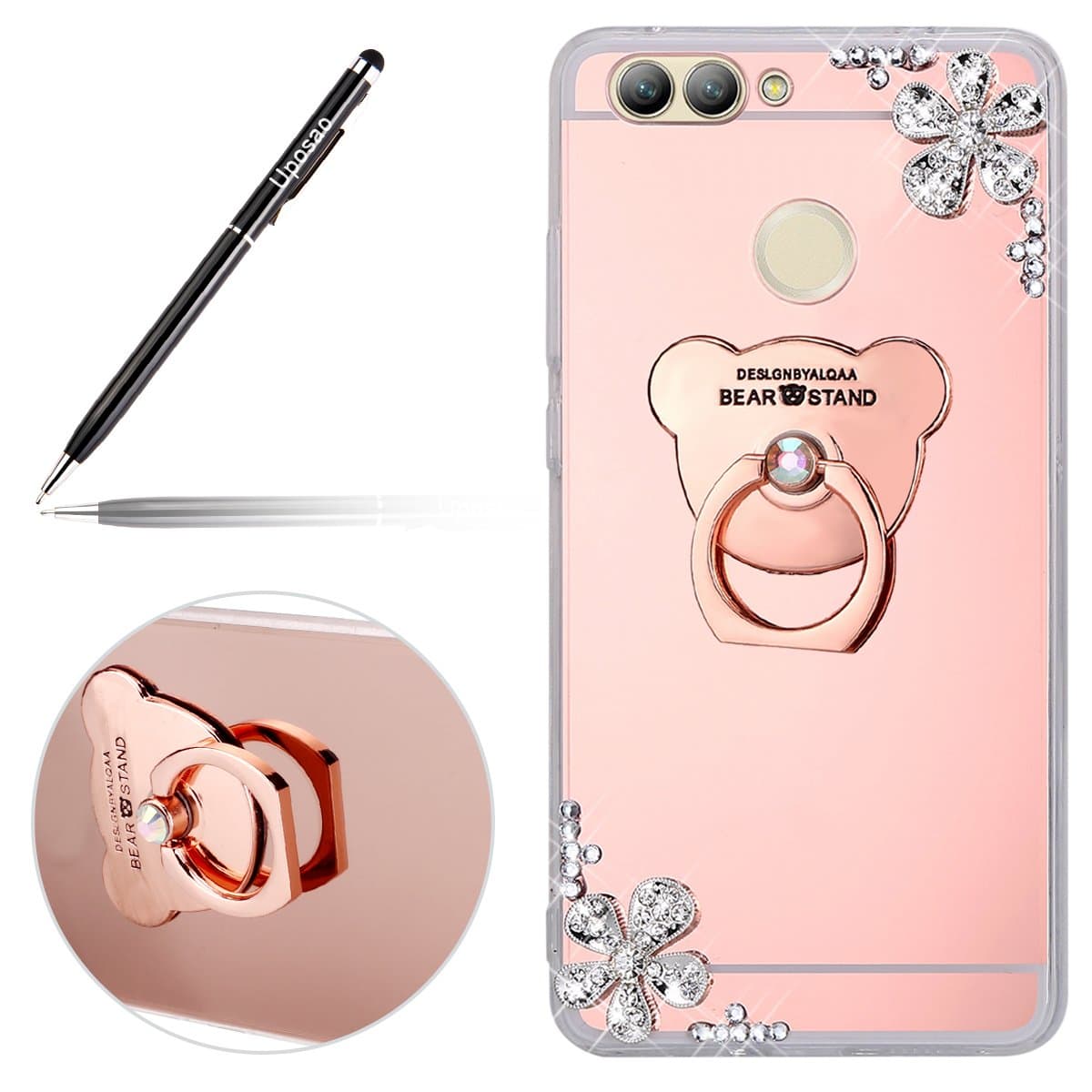 Compatible with Huawei Nova 2 Case Clear Silicone, Flower Glitter Phone Case Compatible with Huawei Nova 2, Cute Lovely Bear Ring Stand Holder Ring Kickstand Glitter Diamond Crystal Rhinestone Sparkl