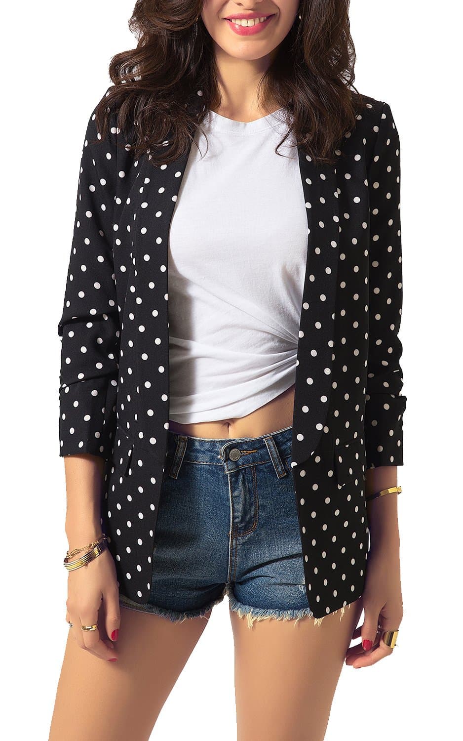 Zevrez Women's Work Jacket 3/4 Ruched Sleeve Open Front Casual Office Blazer(Black and White,S)