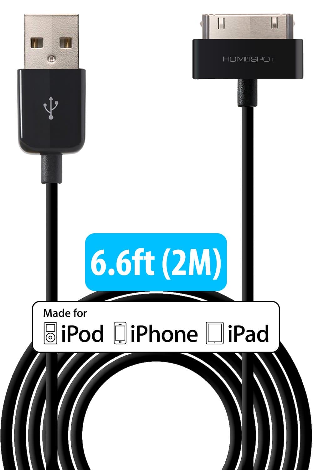 HomeSpot iPhone 4S iPod Cable, 2 Pack Apple Certified MFi 30 Pin to USB Charge and Sync Charging Cord Charger Compatible with iPhone 4/4s, iPhone 3G/3GS, iPad 1/2/3, iPod - 6.6 Feet 2 Meter Black