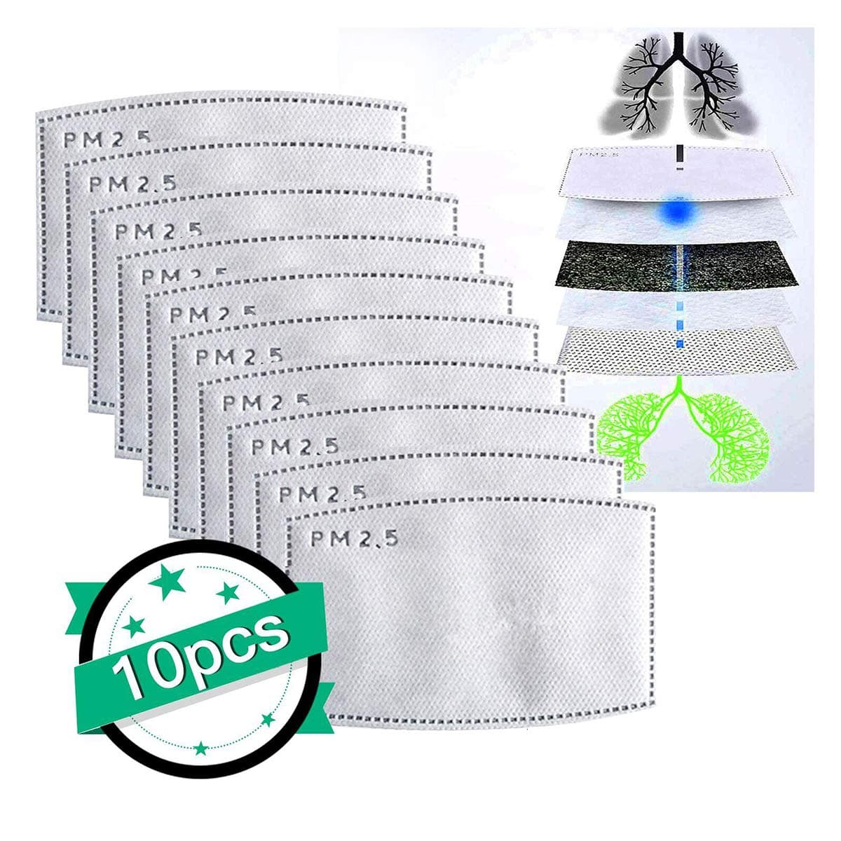 PM2.5 Replaceable Filters, 5 Activated Carbon Filter Layers Breathing Insert Paper for Face Cover, Anti Haze Anti Fogging Health Protection Filter Slot for Mouth Shild Insided (10 Pcs)