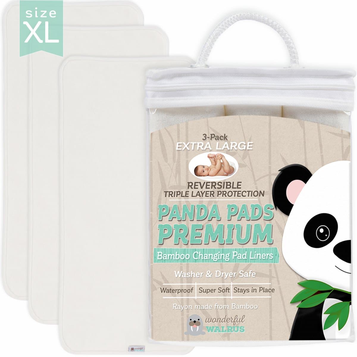 Panda Pads Premium X-Large Reversible 3-Pack Bamboo Changing Pad Liners. NO-Slip 3-Layer Design. Ultra Soft & Absorbent - Waterproof - Machine Wash & Dry, Antibacterial & Hypoallergenic. Great Gift!