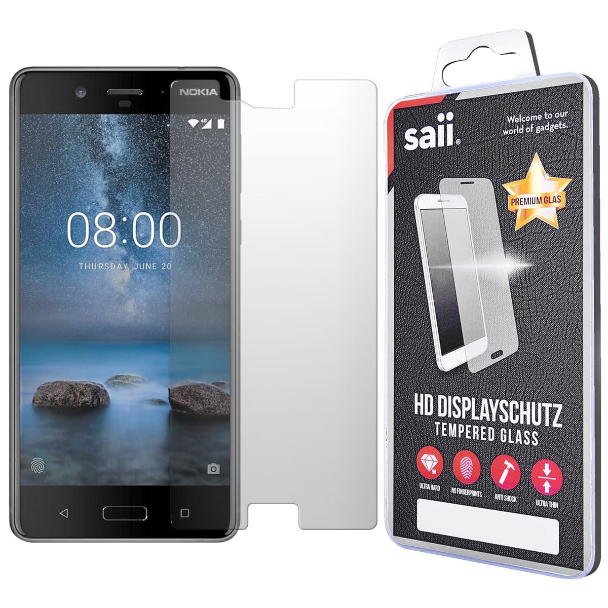 SAII Nokia 8 Screen Protector, [Ultra-Thin] 9H Premium Tempered Shatterproof Nokia 8 Display Glass Screen Protection Film for Nokia 8 [HD Clear]