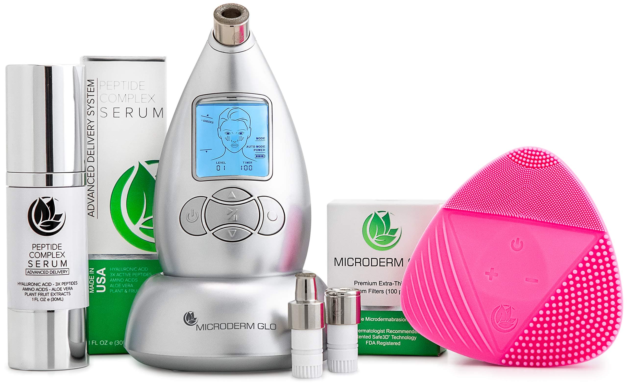 Microderm GLO Complete Skincare Package Includes Diamond Microdermabrasion System, Premium, Fine, Massage Tips, 10mm Filters 100 pack, Peptide Complex Serum & Sonic Facial Cleansing Brush (Silver)