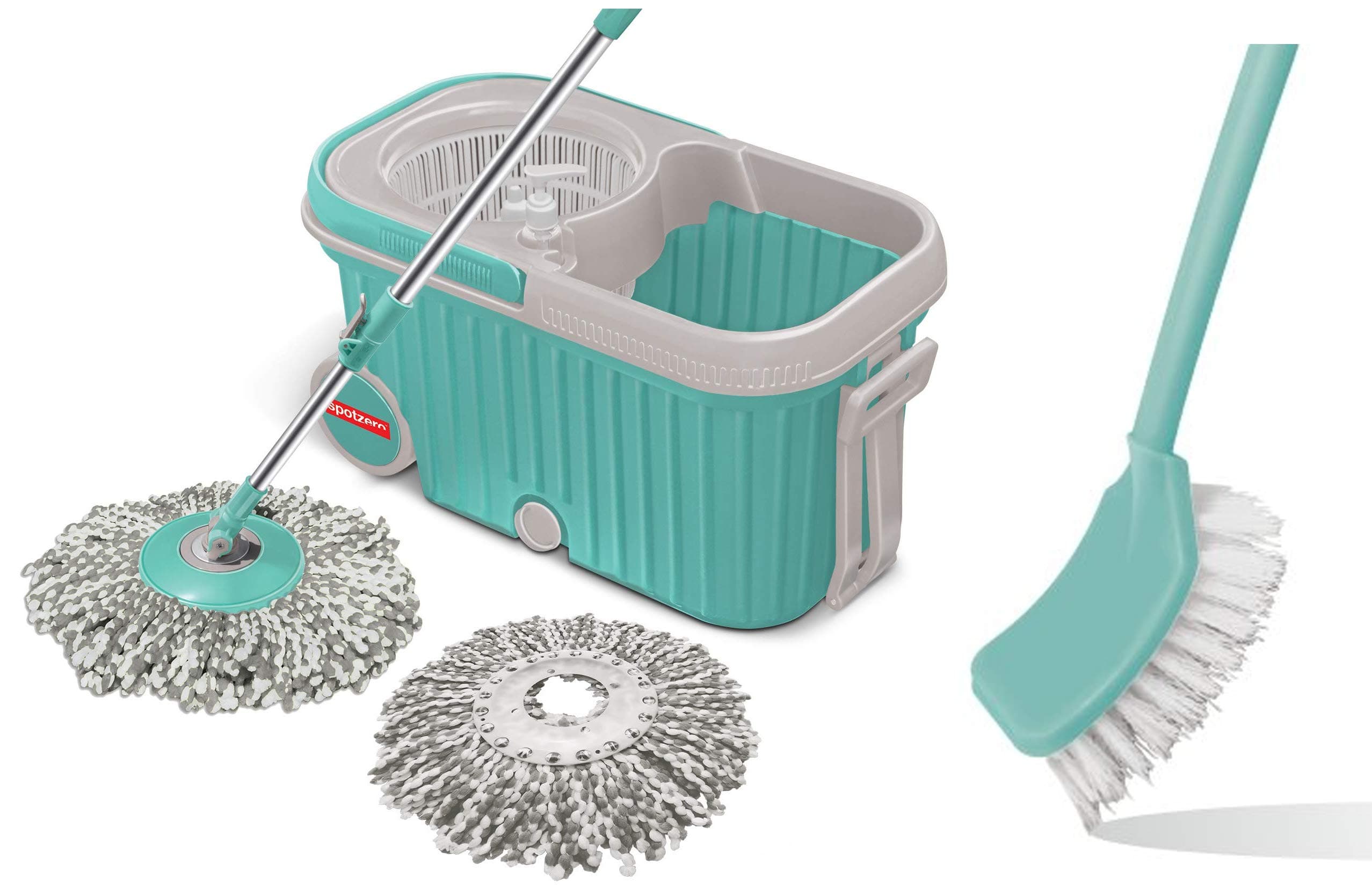 Spotzero by Milton E-Elite Spin Mop with Bigger Wheels and Plastic Auto Fold Handle for 360 Degree C & Single Side Bristle Toilet Plastic Brush (Aqual Green) Combo